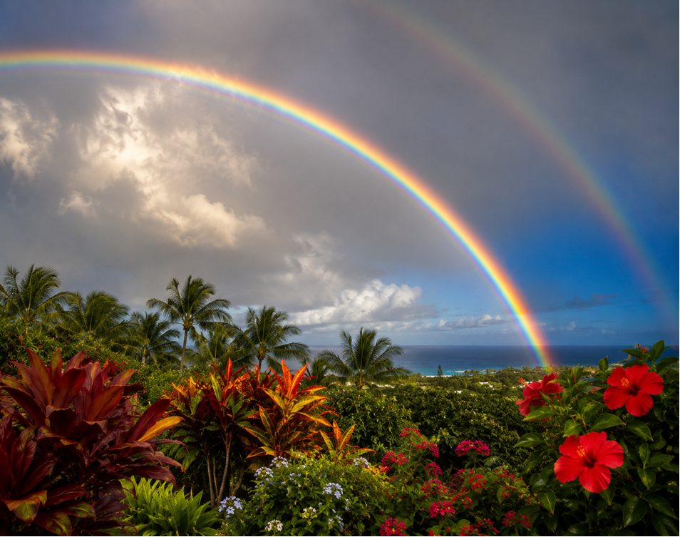 Double rainbow over the Hawaiian coastline with palms and hibiscus